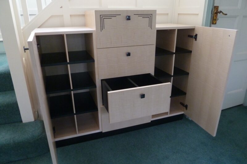 Art Deco Style Shoe Storage Cabinet doors and drawers open to show interior